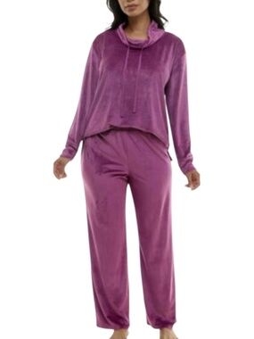 Roudelain Women's Long-Sleeve Hooded Velour Pajama Set  Dark Purple Size L - NWT